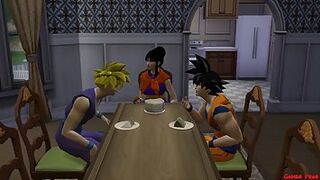Cartoon guy Gohan is fucking his best friend busty mom while he is sleeping next to them