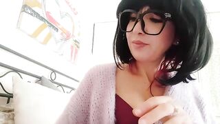 Busty brunette mom is showing her panties covered with cum before she flashes her cunt on webcam