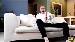 Handsome guy is about to fuck his best friend's mom on the sofa, i the living room