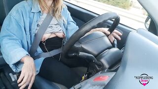 nippleringlover hot milf flashing small boobs with pierced tits and nipple chain while driving the car