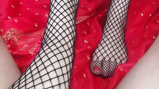 Exciting french milf in fishnet give a footjob with big load on her sexy feet gorgeous milf orgasm close up amateur 4k