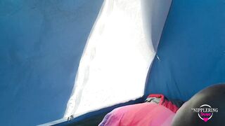 nippleringlover horny milf masturbating with vibrator in tent at nude beach pierced pussy extreme pierced nipples