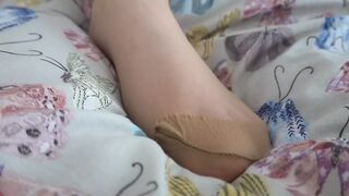 Big Breasts Wife Playing with Pussy in Tan Pantyhose
