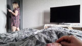 Step-sister came into my room, I'm jerking off a dick, she noticed it and wants to see how I cum
