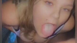 Chav slut sucking dick and taking cum on the face