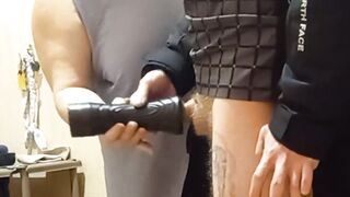 jerking off with a sex toy to a courier, close-up