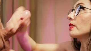 Lecherous MILF gives blowjob her boy's and gets cum in mouth.