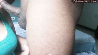 Horny granny pulls down her young lover's panties to masturbate him and give him a good blowjob