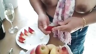 Sexy nice girl with big boobs, champagne and apples
