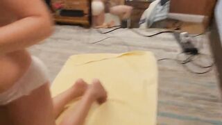 My step sister's hot college friend trys blowjob and tugs until I cum.