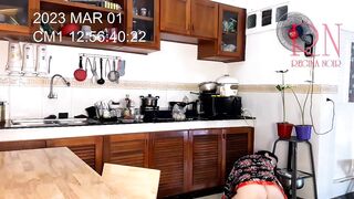 Housewife in pantyhose in the kitchen. Naked maid gets an orgasm while cooking. c3 Date