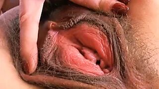 Hairy pussy, masturbating, meaty labia