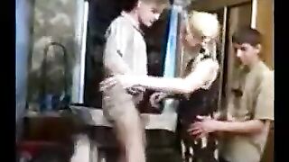 Mom iraning is intrupted by step son and his friend