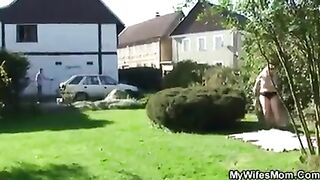Wife finds her old step mom and BF fucking in the garden
