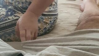 Step mom pulled hand under step son pants in time before husband come in the room
